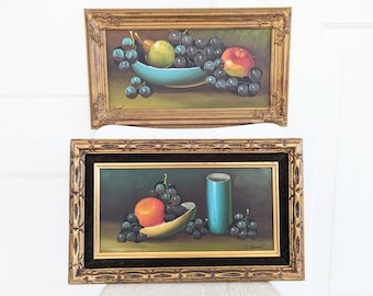 Pair Mid Century Still Life Painting, Vintage Fruit Oil Painting, Vintage Apple Still Life, Mid Century Kitchen Painting, Vintage Grapes