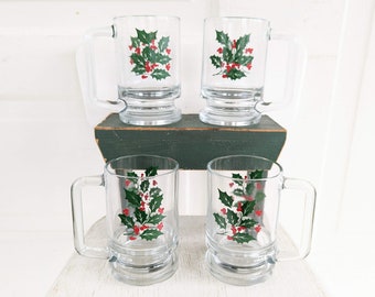 Set of Christmas Mugs, Set of Christmas Glasses, Christmas Holly Glasses, Vintage Christmas Decor, Vintage Christmas Holly Mugs