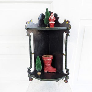 Vintage Corner Shelf, Vintage Wood Shelf, Wood Display Shelf, Black Corner Shelf, Hand Painted Shelf, Bathroom Kitchen Shelf, Folk Art Shelf