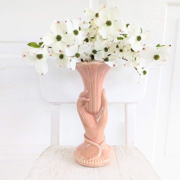 Vintage Hand Vase, Vintage Pink Pottery Vase, USA Pottery Vase, Vintage Pink Vase, Vintage Pink Hand Pottery Vase, Vintage Pink USA Pottery