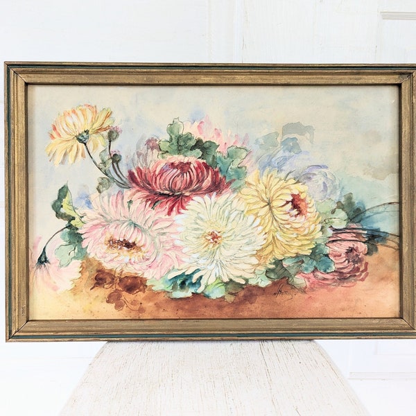 Large Vintage Dahlia Painting, Vintage Floral Painting, Vintage Chrysanthemum Painting, Vintage Dahlia Watercolor, Vintage Floral Watercolor