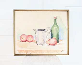 Vintage Fruit Painting, Vintage Still Life Fruit Painting, Vintage Watercolor Painting, Vintage Apple Painting, Vintage Painting for Kitchen