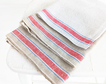 Set Vintage Linen Dishtowels, Vintage Kitchen Towel, Vintage Farmhouse Towel, Vintage Red Striped Dish Towel, Set of Linen Dishtowels,