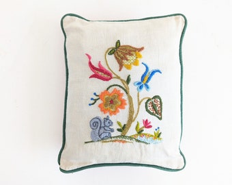 Vintage Needlepoint Floral Pillow, Vintage Needlepoint Pillow, Vintage Floral Pillow, Vintage Squirrel Pillow, Vintage Crewel Pillow, Flower