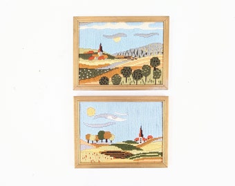 Vintage Pair Needlepoint, Vintage Needlepoint Landscape, Vintage Landscape Needlepoint, Vintage Embroidery, Pair of Small Needlepoints