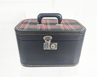 Vintage Plaid Train Case, Black Train Case, Small Plaid Suitcase, Small Plaid Case, Vintage Tartan Suitcase, Vintage Black Case, Red Plaid