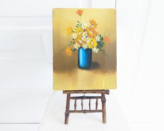 Small Vintage Floral Painting, Vintage Poppy Painting, Yellow Flowers Painting, Small Floral Painting, Vintage Orange Flowers Painting, Aqua