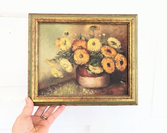 Vintage Yellow Floral Painting, Vintage Floral Oil Painting, Vintage Floral Still Life Painting, Vintage Yellow Orange Flowers Painting