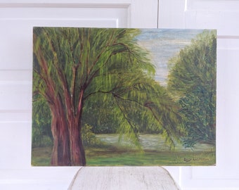 Vintage Landscape Painting, Vintage Green Painting, Oil Painting, Tree Painting, Vintage Oil Painting, Vintage Weeping Willow Painting