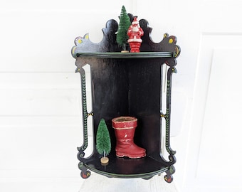 Vintage Corner Shelf, Vintage Wood Shelf, Wood Display Shelf, Black Corner Shelf, Hand Painted Shelf, Bathroom Kitchen Shelf, Folk Art Shelf