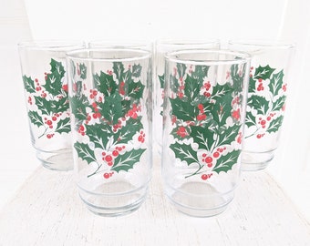 Set Vintage Christmas Glasses, Mid Century, Vintage Christmas Bar Ware, Retro Glasses, Set of 6 Christmas Glasses, Vintage Holly Glasses
