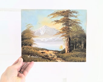 Small Vintage Landscape Painting, Small Vintage Mountain Landscape Painting, Vintage Lake Painting, Vintage Scenery Painting, Trees Painting