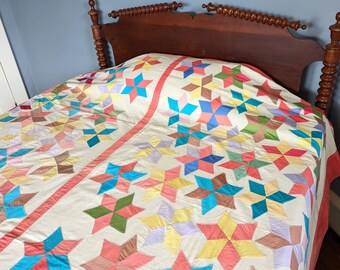 Vintage Star Quilt, Vintage Colorful Bedspread, Vintage Summer Quilt, Vintage Star Bedspread, Vintage Colorful Quilt, Vintage Full Quilt