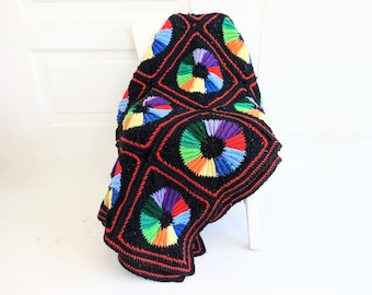 Vintage Afghan, Vintage Colorful Afghan, Vintage Black Afghan, Vintage Circular Afghan, Vintage Blanket, Vintage Rainbow Afghan, Retro