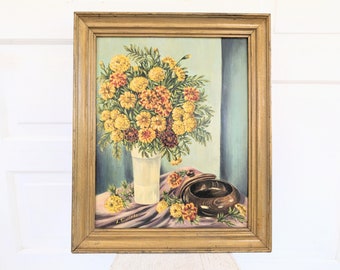 Large Vintage Marigold Painting, Vintage Floral Painting, Floral Oil Painting, Large Marigold Painting, Vintage Yellow Flowers Painting