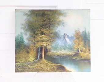 Large Vintage Mountain Painting, Large Vintage Landscape Painting, Vintage Landscape Oil Painting, Large Vintage Trees Painting, Forest Lake