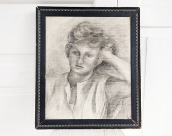 Large Vintage Woman Portrait Drawing, Vintage Charcoal Portrait, Vintage Woman Drawing, Vintage Girl Portrait, Vintage Charcoal Drawing