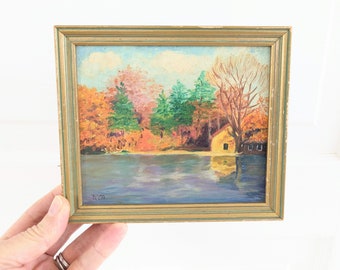 Small Vintage Fall Painting, Small Vintage Landscape Painting, Small Landscape Oil Painting, Vintage Pond Painting, Vintage Trees Painting