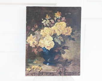 Vintage Yellow Rose Painting, Vintage Floral Oil Painting, Vintage Rose Oil Painting, Shabby Cottage Chic Floral, Antique Rose Painting