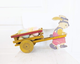 Vintage Easter Decor, Vintage Easter Rabbit Wagon, Vintage Easter Table Centerpiece, Vintage Wood Wagon, Vintage Wood Bunny Rabbit, Easter