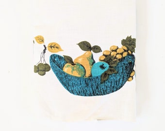 Vintage Fruit Tablecloth, Vintage Floral Tablecloth, Vintage Rectangular Tablecloth, Aqua Linen Tablecloth, Vintage Retro Kitchen Tablecloth