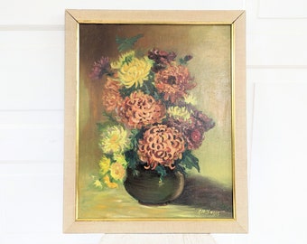 Large Vintage Dahlia Painting, Vintage Floral Painting, Vintage Chrysanthemum Painting, Large Floral Still Life Painting, Vintage Floral Oil