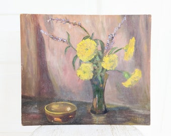 Vintage Yellow Floral Painting, Vintage Floral Oil Painting, Yellow Flowers Oil Painting, Mid Century Floral Still Life Painting, Dahlia