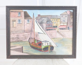 Vintage Sailboat Watercolor Painting, Vintage Watercolor, Vintage Seaside Watercolor Painting, Nautical Painting, Vintage Port Painting