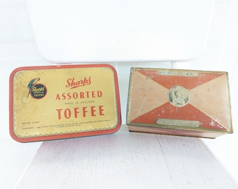 Set Vintage Metal Tins, Biscuit Tins, Vintage Candy Tins, Vintage Metal Box, Toffee Tin, Pink Tin, Pair Vintage Tins, Vintage Chocolate Tin