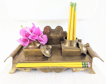 Vintage Brass Ink Well, Vintage Ink Well, Vintage Brass, Vintage Desk Organizer, Vintage Office Supply, Antique Ink Well, Vintage Brass Vase