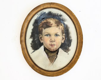 Vintage Boy Painting, Vintage Boy Portrait Painting, Vintage Blond Boy Painting, Mid Century Boy, Vintage Portrait Painting Oval Frame, Boy