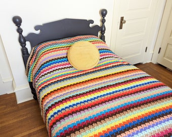 Large Vintage Striped Afghan, Vintage Colorful Afghan, Striped Blanket, Vintage Rainbow Afghan, Vintage Striped Bedspread, Vintage Bedspread