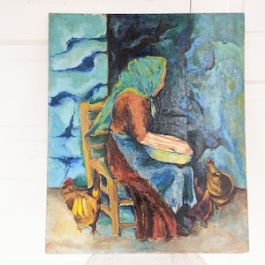 Vintage Woman with Chickens Painting, Vintage Farmer Painting, Vintage Chicken Painting, Vintage Woman Oil Portrait Painting, Blue Painting