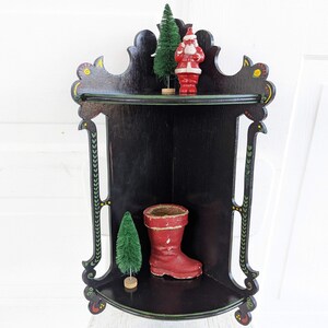 Vintage Corner Shelf, Vintage Wood Shelf, Wood Display Shelf, Black Corner Shelf, Hand Painted Shelf, Bathroom Kitchen Shelf, Folk Art Shelf image 5