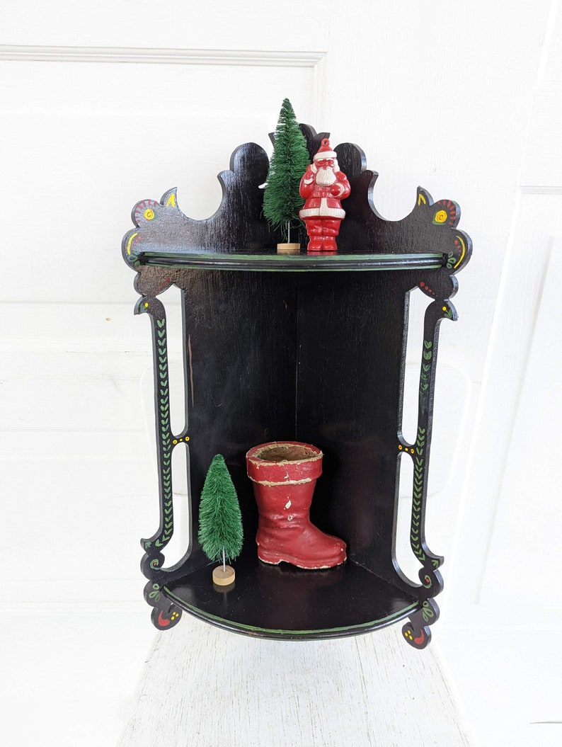 Vintage Corner Shelf, Vintage Wood Shelf, Wood Display Shelf, Black Corner Shelf, Hand Painted Shelf, Bathroom Kitchen Shelf, Folk Art Shelf image 5