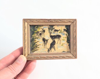 Small Vintage Deer Painting, Tiny Deer Painting, Vintage Reindeer Painting, Vintage Christmas Decor, Small Oil Painting, Tiny Oil Painting