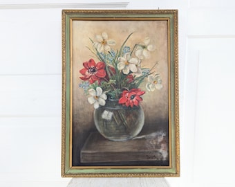 Vintage Floral Oil Painting, Vintage Floral Still Life Painting, Antique Floral Painting, Vintage Cosmos Painting, Vintage Tulip Painting