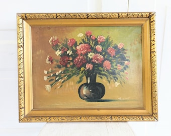 Vintage Floral Painting, Vintage Flowers Oil Painting in Gold Frame, Vintage Pink Flowers Painting, Bouquet Flowers Painting, Vintage Oil