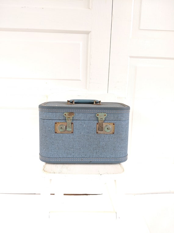 Vintage Blue Train Case, Tweed Train Case, Blue Su