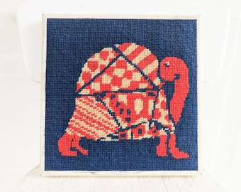 Vintage Turtle Needlepoint, Vintage Crewelwork, Vintage Needlepoint, Vintage Turtle Crewelwork, Vintage Nursery Decor, Turtle Embroidery