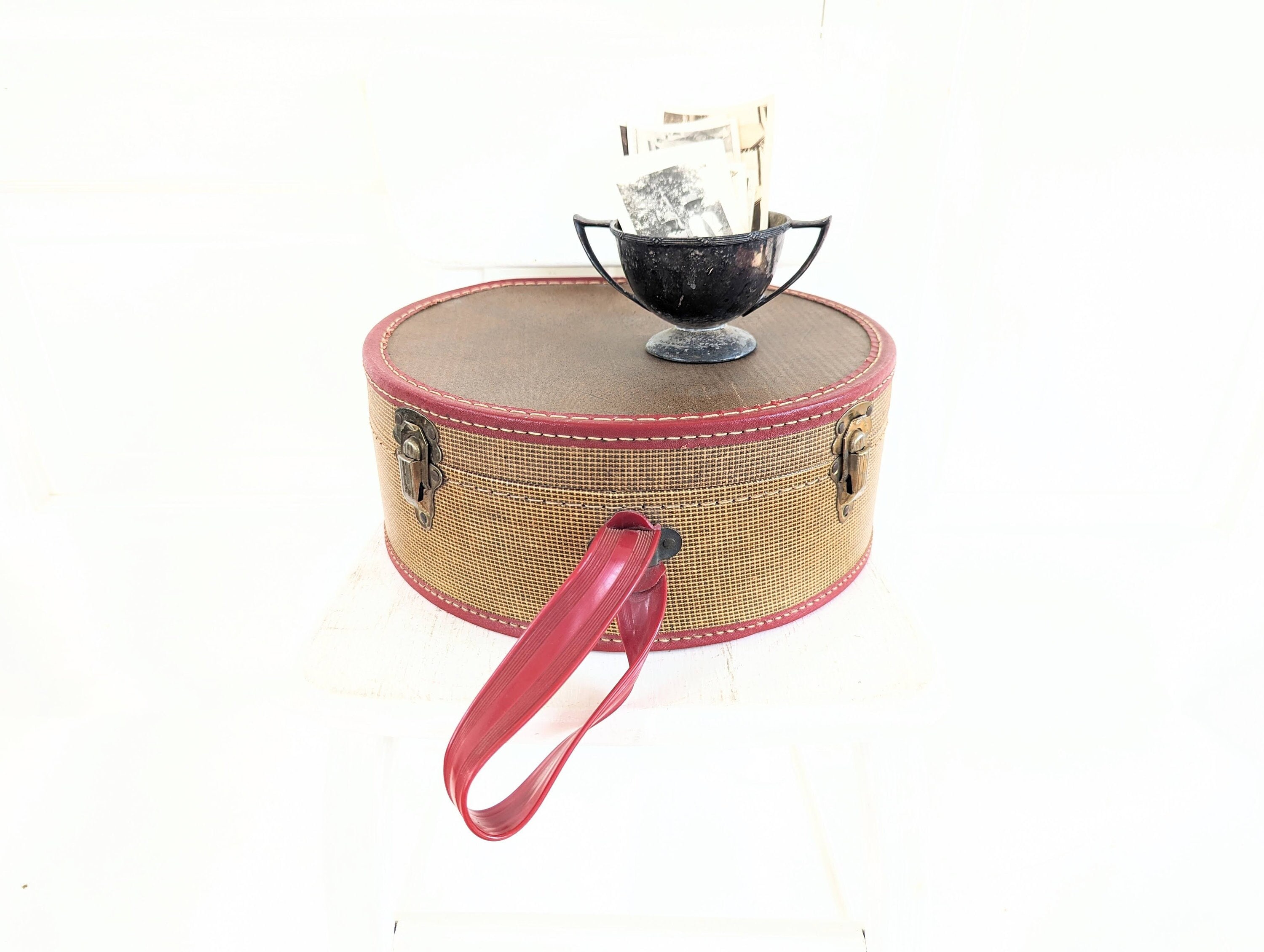 Vintage Hat Box, Round Suitcase, Tweed Case, Brown Hat Box, Round
