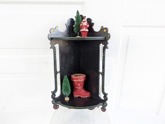 Vintage Corner Shelf, Vintage Wood Shelf, Wood Display Shelf, Black Corner Shelf, Hand Painted Shelf, Bathroom Kitchen Shelf, Folk Art Shelf