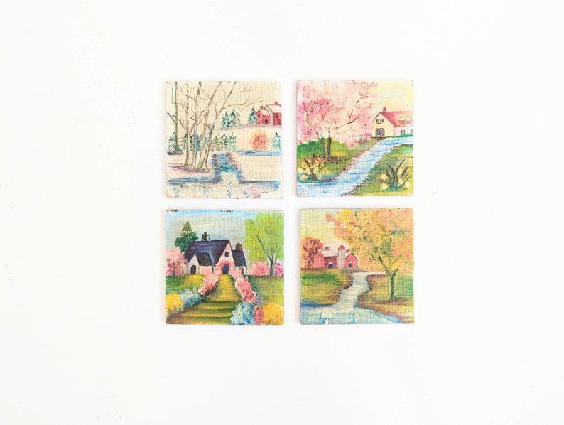 Small Vintage Four Seasons Paintings, Vintage Seasons Paintings, Small Spring Painting, Vintage Summer Painting, Small Fall Painting, Winter image 1