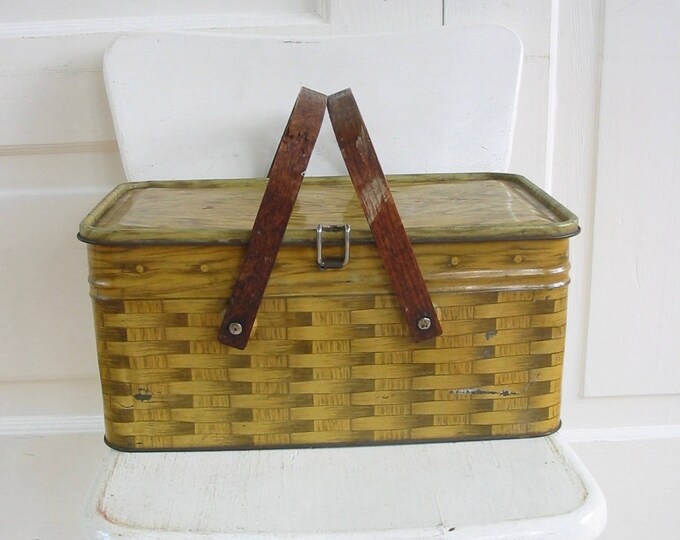 Vintage Metal Picnic Basket Faux Bois Basket Picnic Basket Etsy