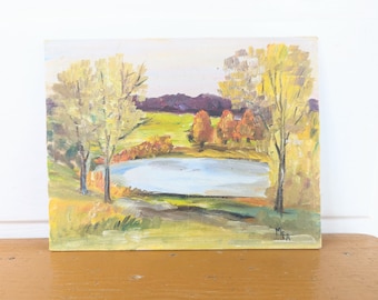 Small Vintage Landscape Painting, Vintage Fall Painting, Small Oil Landscape Painting, Small Autumn Painting, Vintage Pond Painting