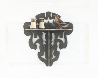 Vintage Green Wood Shelf, Carved Wood Shelf, Vintage Shelf, Vintage Display Shelf, Wood Bathroom Shelf, Kitchen Shelf, Folk Art Shelf, Camp
