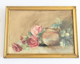 Vintage Rose Watercolor Painting, Vintage Floral Watercolor Painting, Pink Red Rose Painting, Antique Pink Rose Painting, Antique Watercolor