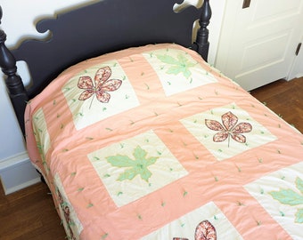 Vintage Leaf Quilt, Vintage Girl Quilt, Vintage Twin Quilt, Vintage Full Quilt, Vintage Pink Quilt, Vintage Feed Sack Quilt, Vintage Peach