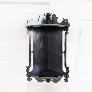 Vintage Corner Shelf, Vintage Wood Shelf, Wood Display Shelf, Black Corner Shelf, Hand Painted Shelf, Bathroom Kitchen Shelf, Folk Art Shelf image 10
