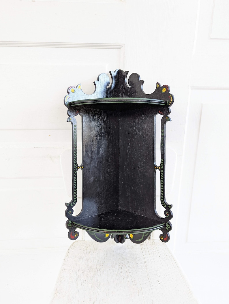 Vintage Corner Shelf, Vintage Wood Shelf, Wood Display Shelf, Black Corner Shelf, Hand Painted Shelf, Bathroom Kitchen Shelf, Folk Art Shelf image 10